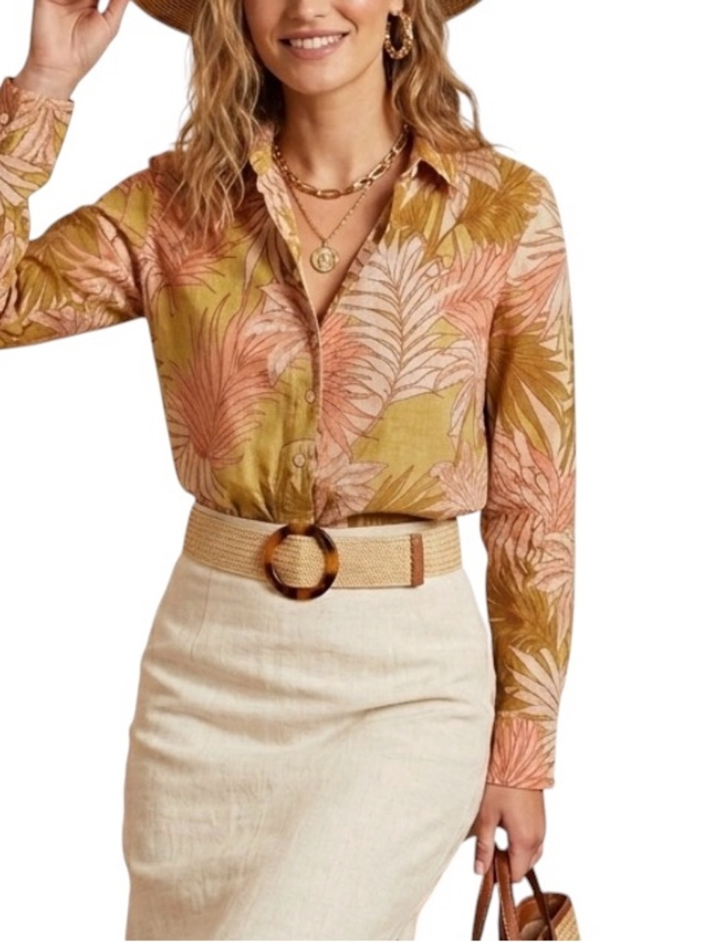 Tahari Women’s 100% Linen Tropical Palm Print Button-Down Shirt Sz M Resort Wear
